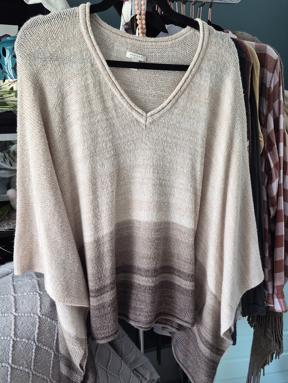 Sonoma Neutral Ombre V-Neck Poncho - Beige Taupe Sz L XL